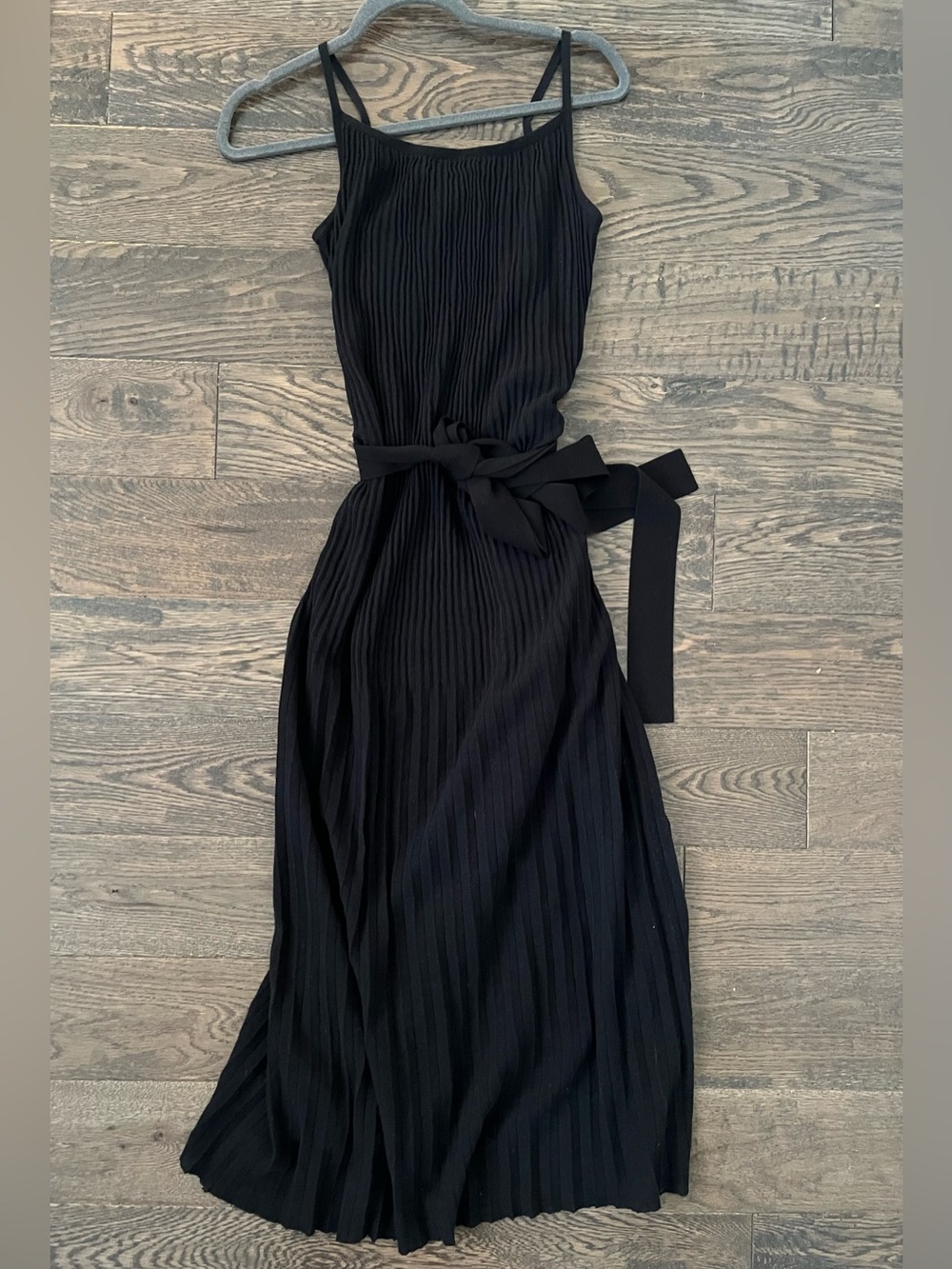Theory Black Pleated Maxi Dress with Waist Tie